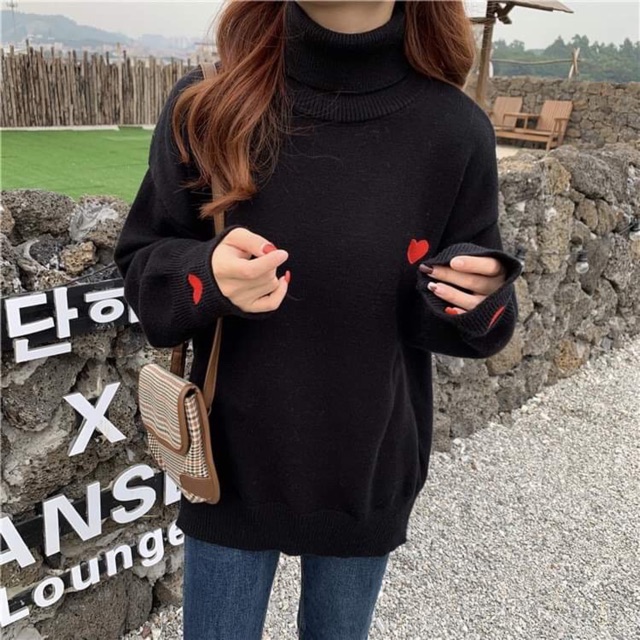 [HÀNG SẴN ] ÁO LEN THÊU TIM CAO CỔ LÔNG CỪU CAO CẤP 3 MÀU ĐỎ ,TRẮNG ,ĐEN