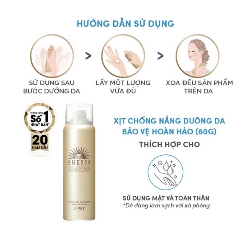 Xịt chống nắng bảo vệ hoàn hảo Anessa Perfect UV Sunscreen Skincare Spray 60g Nhật bản