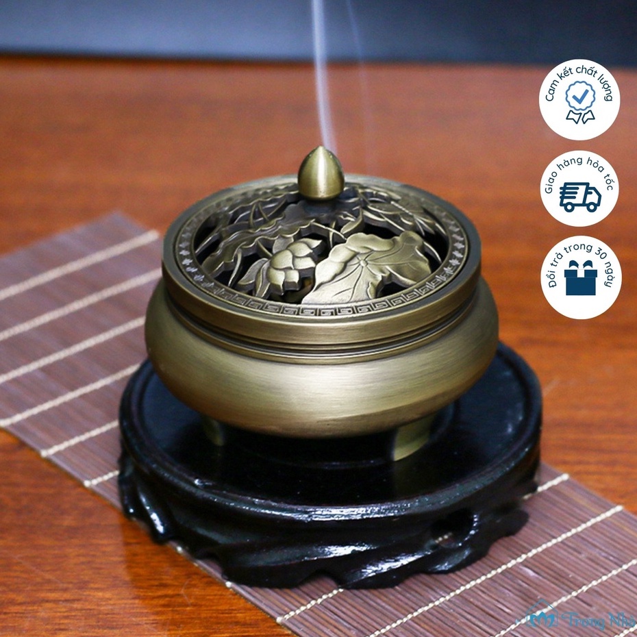 Lư xông trầm hương bằng Đồng - Lư đốt trầm hoạt tiết hoa sen - Trong Nhà