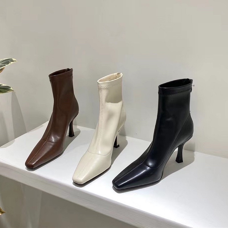 Boot cổ ngắn gót nhọn da mềm cao 7p