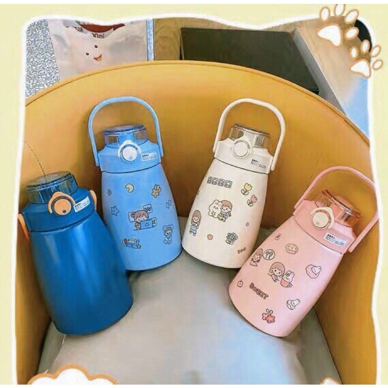 Bình giữ nhiệt 1000ml mini, bình nước cute 1 lít cho bé khắc tên có ống hút, inox 304 giữ nhiệt tặng Sticker