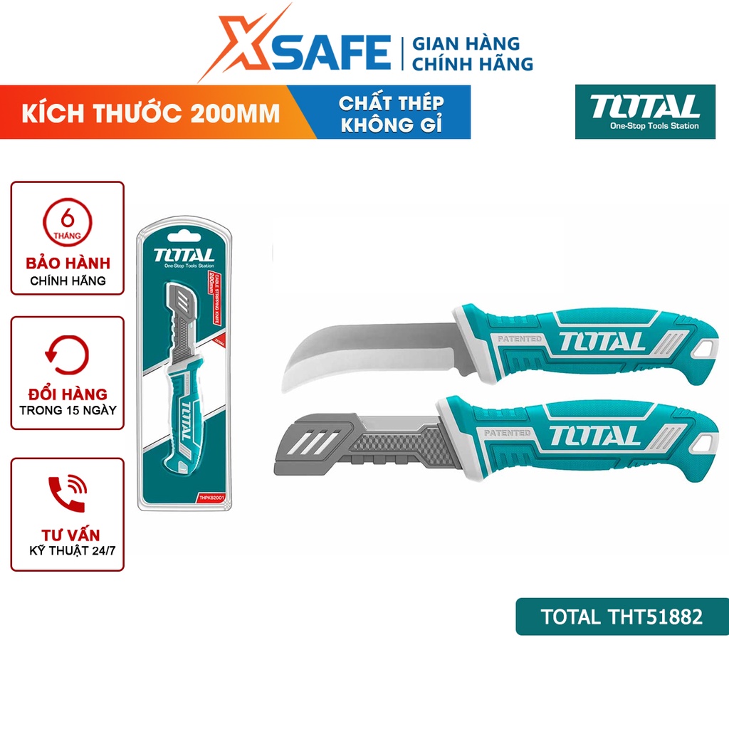Dao tước dây cáp lưỡi cong TOTAL THT51882 | dụng cụ tuốt dây điện Kích thước 200mm, Chất liệu thép không gỉ, Có nắp vỏ