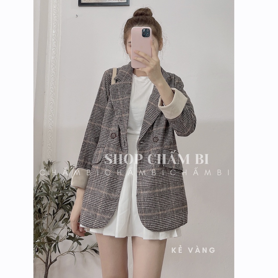 Áo khoác dạ A.264, Áo khoác blazer dạ kẻ 2 lớp tay gập pha be