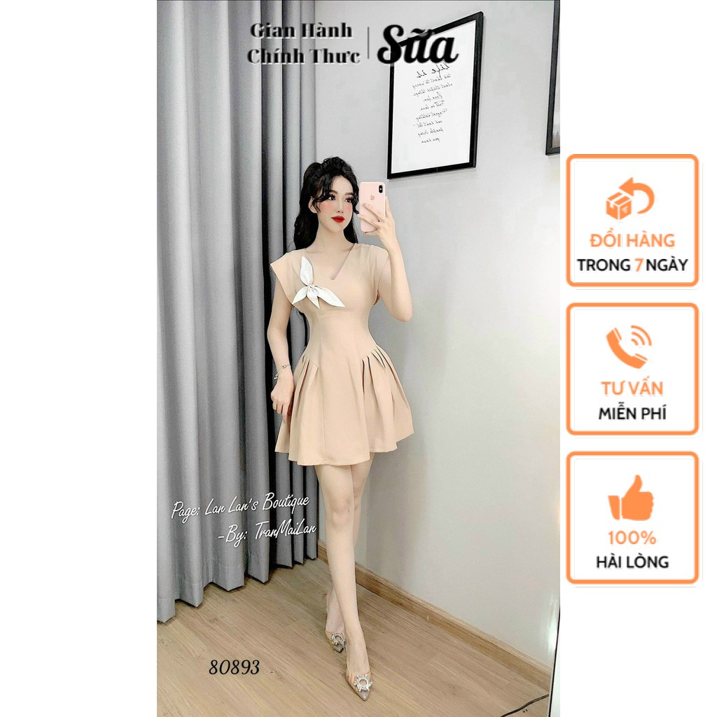 Đầm Chữ A Xếp Li Cổ V Nữ SUA Store Váy Ngắn Kiểu Cánh Dơi Xếp Li Hông Dính Hoa Ngực Cao Cấp Giá Rẻ