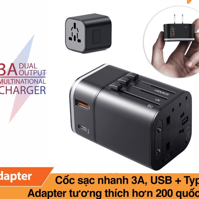 Bộ sạc adapter du lịch Baseus Removable 2in1 Universal Travel Adapter PPS Quick Charger, tương thích 200 quốc gia, 3A