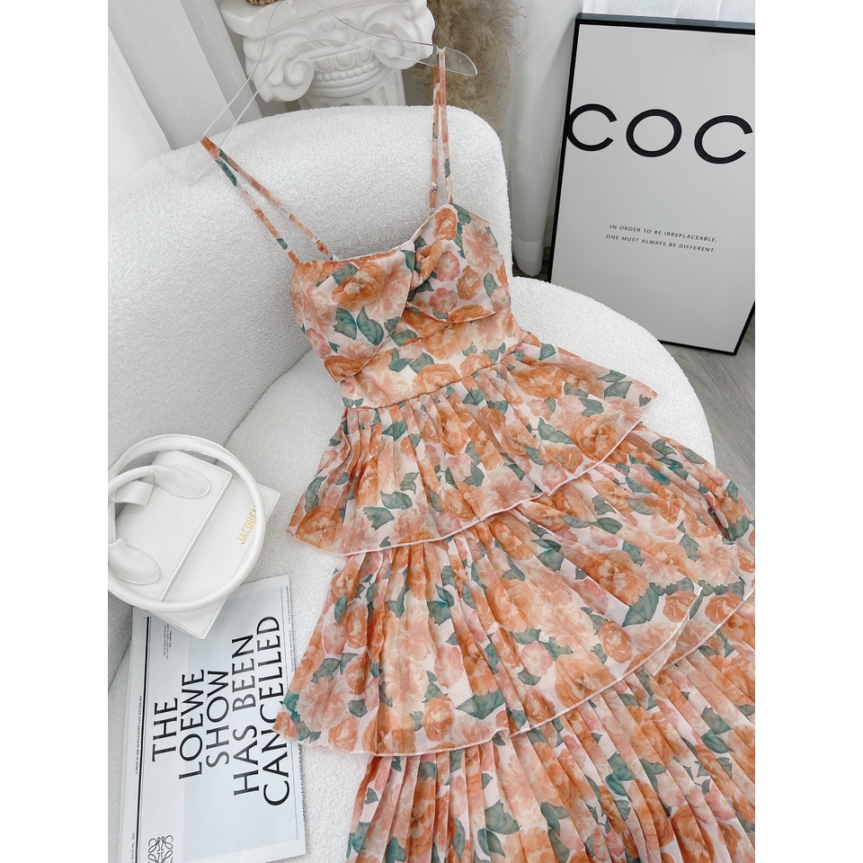 ĐẦM MAXI 2 DÂY HOA NÂU DẬP LY 3 TẦNG