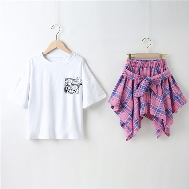 Set đồ IQ ANGEL gồm áo ngắn tay và quần culottes sọc ca rô thời trang đáng yêu cho bé gái