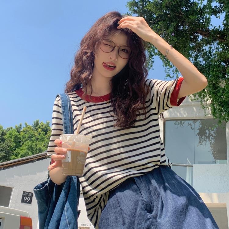 Áo ZHELIHANGFEI vải dệt kim ngắn tay họa tiết kẻ sọc ngọt ngào