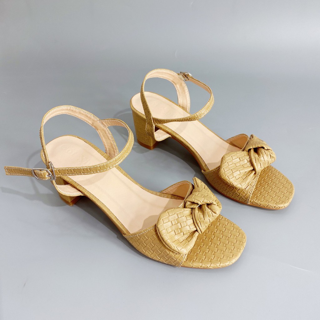 Giày sandal cao gót nữ 7cm GÓT XINH GD17 quai phối nơ đế trụ vuông