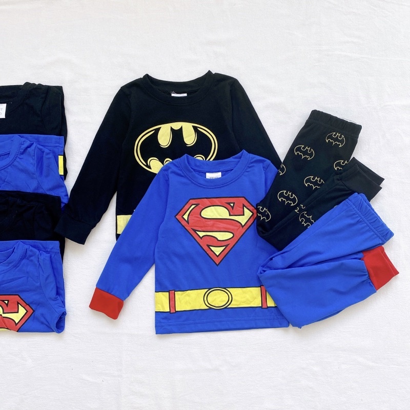 Set 2 bộ cotton dài tay cho bé trai in hình batman đen xanh cho bé từ 10-24 cân