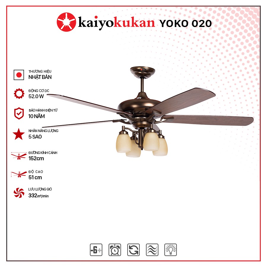 Quạt trần Kaiyokukan YOKO-020 cánh gỗ 2 mặt màu