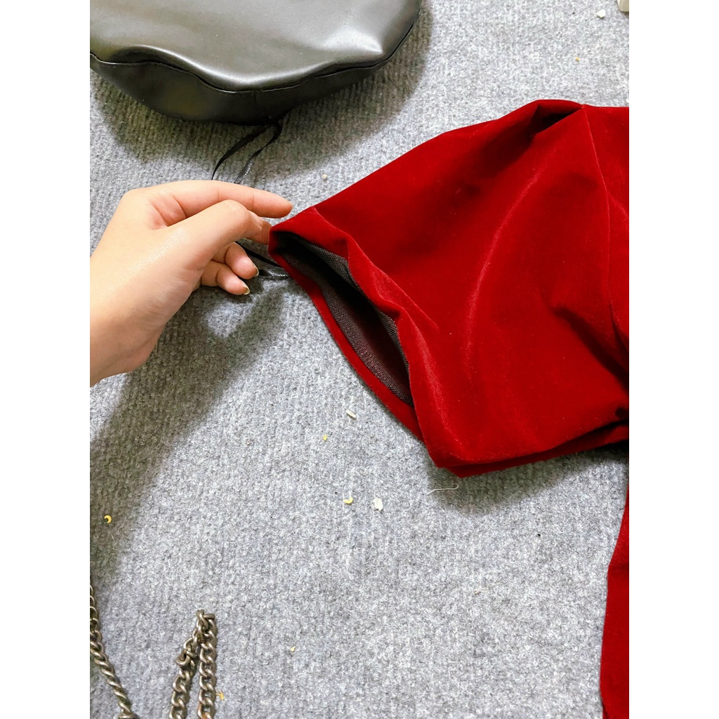 Đầm nữ - Váy nhung đỏ 2 lớp cổ vuông tay bồng siêu cute