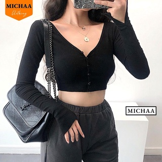 Áo Croptop CỔ TIM CÀI NÚT TAY DÀI Xẻ Nữ Chất Thun Gân Đẹp - MICHAA
