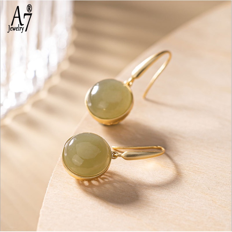 Bông Tai Mạ Bạc 925 Hình Tròn Đính Đá Ngọc Bích Màu Xám Thanh Lịch