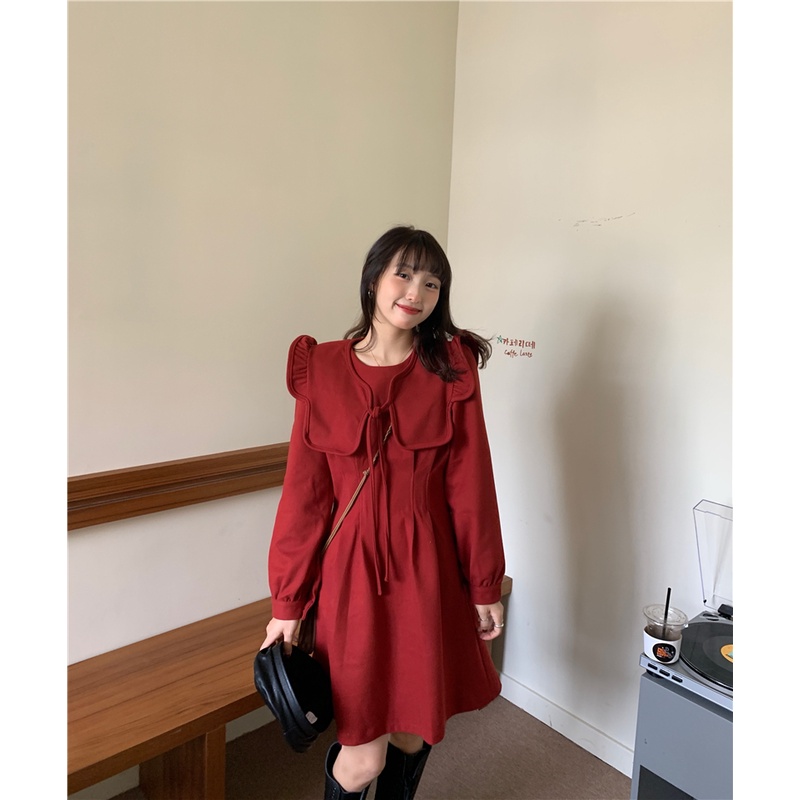 ĐẦM BABYDOLL NỮ NHUNG TĂM DÁNG XOÈ CỔ TRÒN BÈO TIỂU THƯ CỔ RỜI TAY DÀI MẶC ĐƯỢC HAI KIỂU MÀU ĐỎ ĐẬM