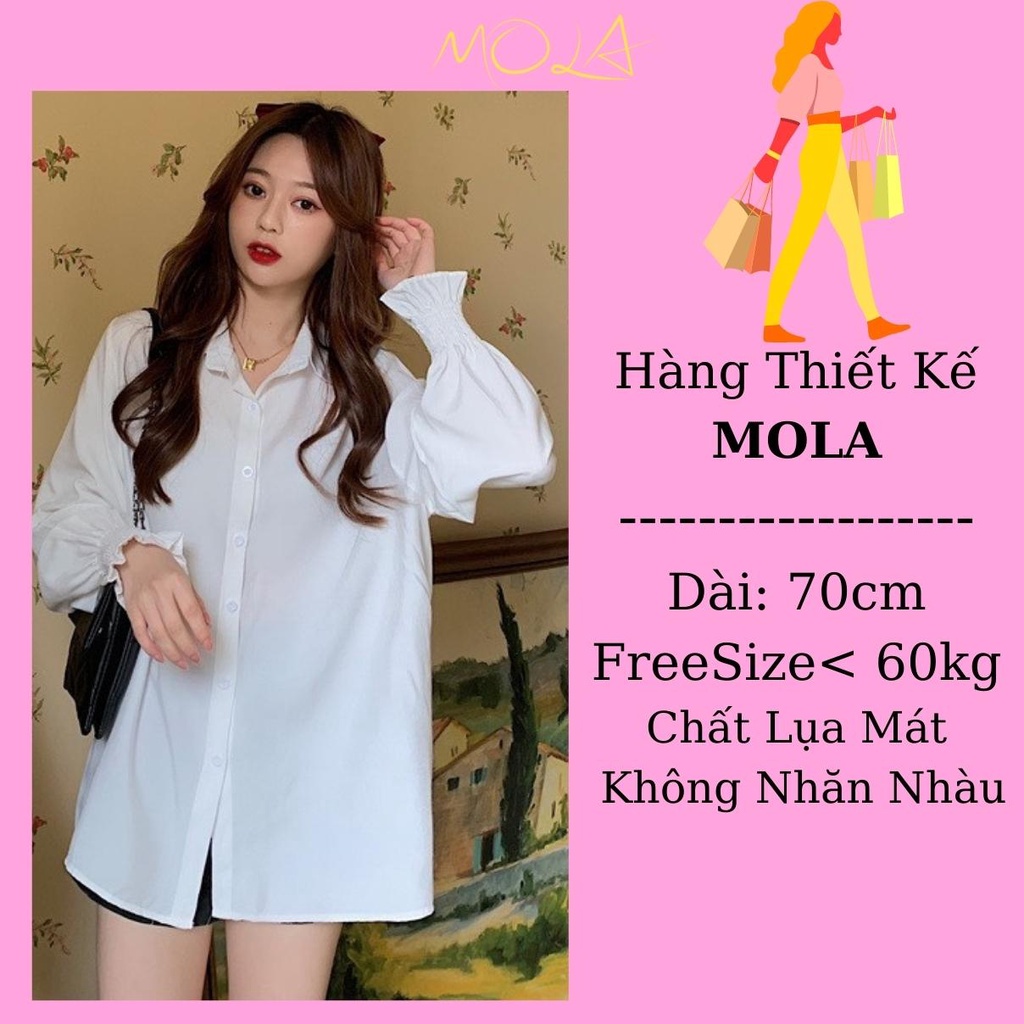 Áo Sơ Mi Nữ Form Rộng Kiểu Công Sở Dài Tay Phồng Bo Chun Dáng Dài Hàn Quốc Vải Lụa Màu Trắng Cổ Đức Vintage MOLA | BigBuy360 - bigbuy360.vn