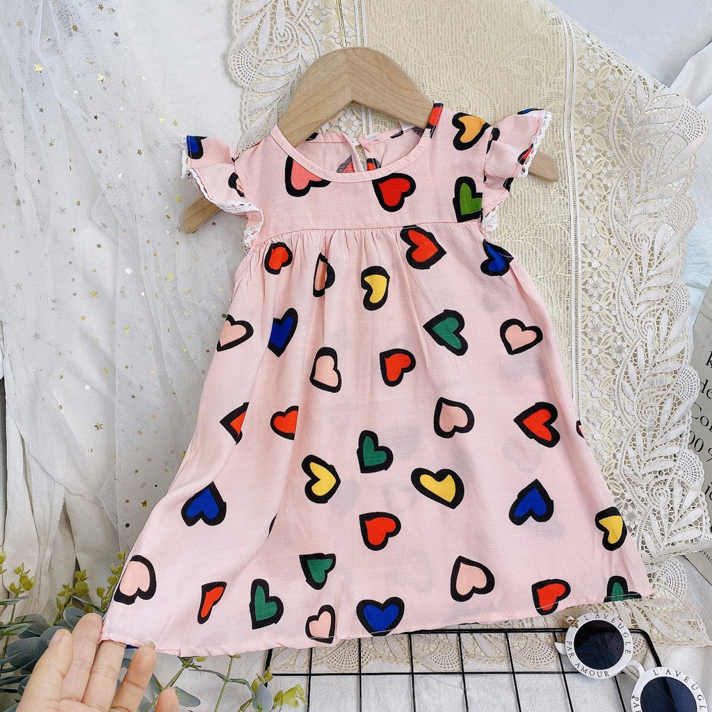 Váy bé gái ❤️FREESHIP❤️ đầm bé gái chất vải đũi họa tiết hình trái tim siêu đẹp