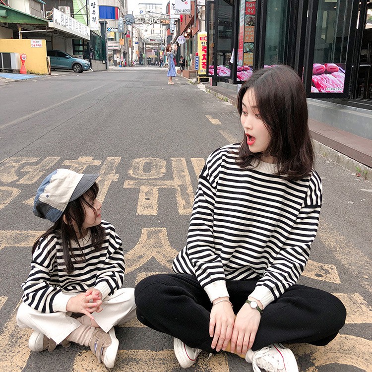 Áo Hoodie Gia đình Cotton da cá (Hình thật chất áo + Logo Thương hiệu) Sọc trắng đen tay dài cute