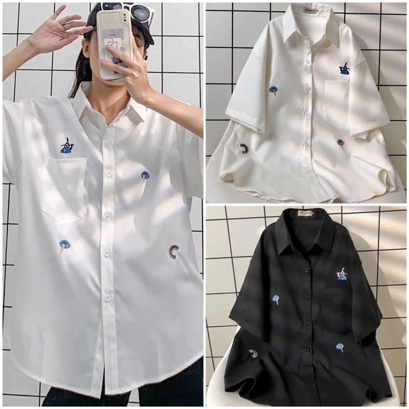[SIEU SALE] Áo Sơ Mi Tay Lỡ Unisex Form Rộng Nam Nữ Ulzzang Hình Thêu Chất Co Dãn Thoải Mái | BigBuy360 - bigbuy360.vn