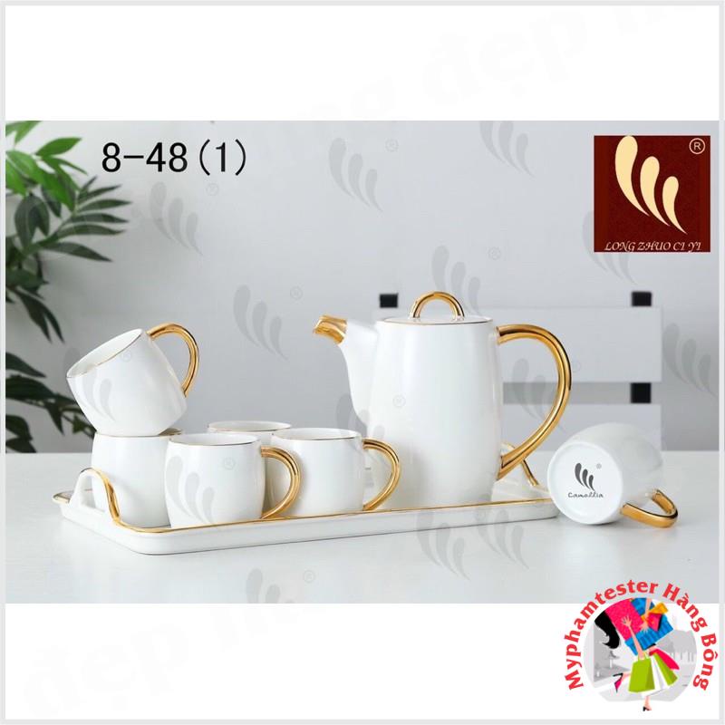 Bộ ấm chén trắng sứ viền vàng