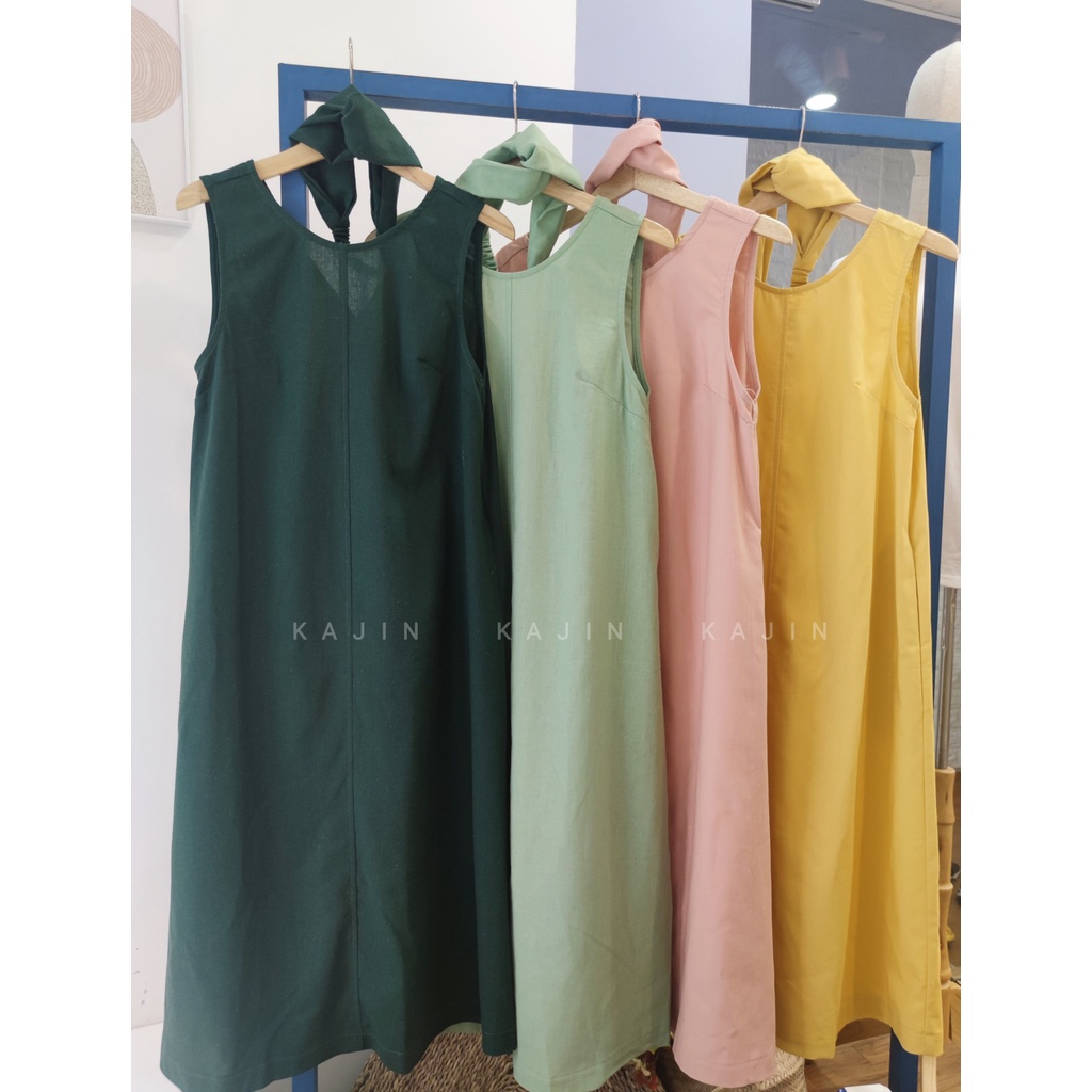 Đầm form A chất Linen bột, nút bọc màu sau lưng