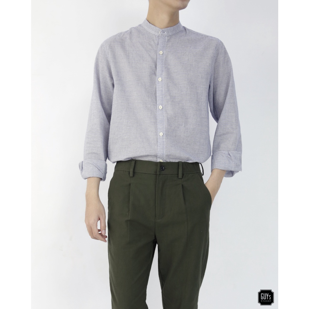 [HÀNG THIẾT KẾ] Áo sơ mi Breeze GUY's Closet, Cổ trụ, Họa tiết kẻ sọc xanh, Chất liệu cotton tháng mát | BigBuy360 - bigbuy360.vn