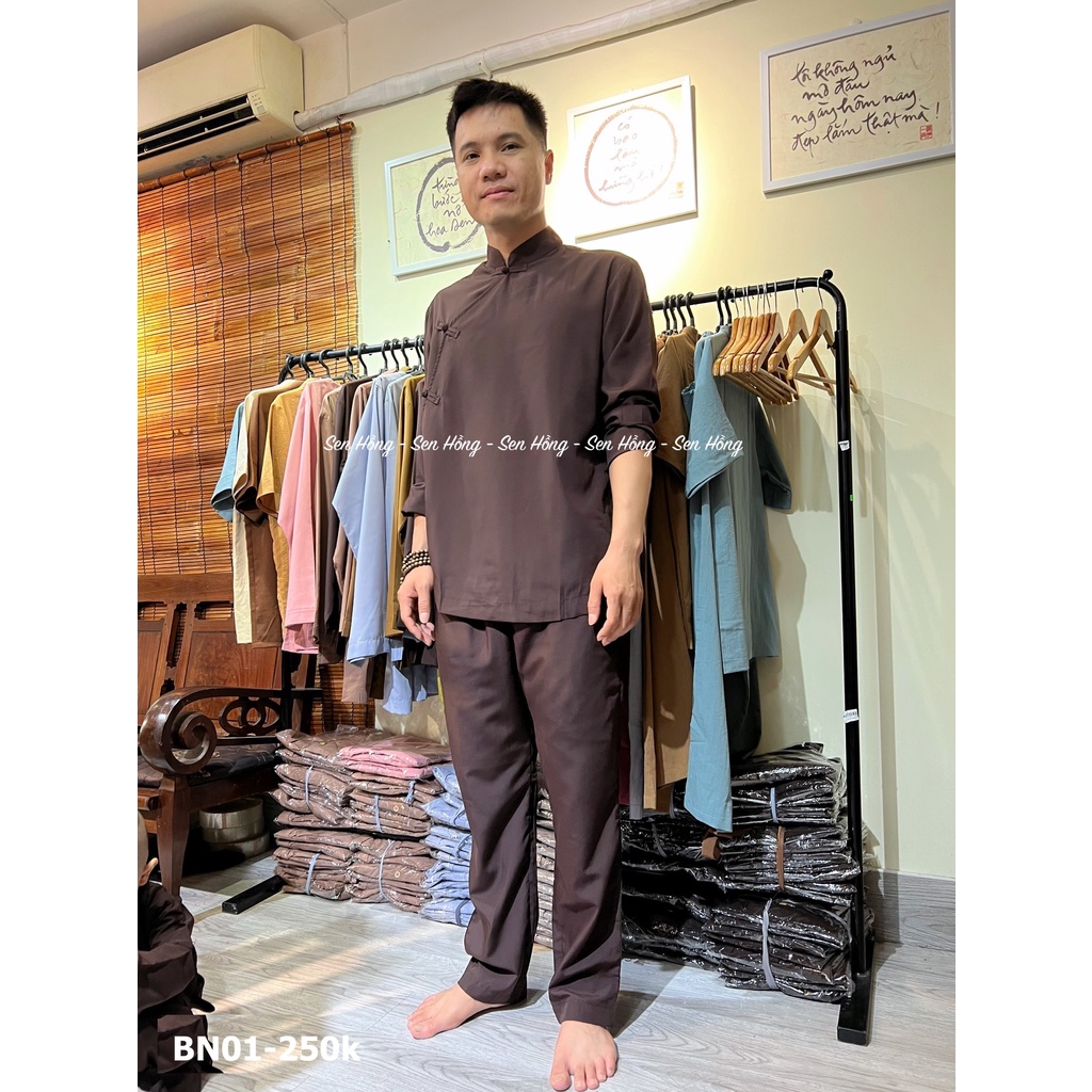 [SEN HỒNG] ĐỒ LAM ĐI CHÙA NAM - Bộ đồ nam cổ tàu cài chéo cúc tết tay thủ công # pháp phục cư sĩ nam vải Kate Nhật BN01