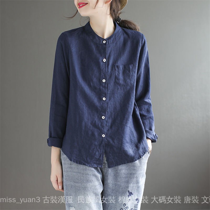 Áo Sơ Mi Cotton Lanh Mỏng Tay Dài Cổ Đứng Thời Trang Xuân Thu Dành Cho Nữ