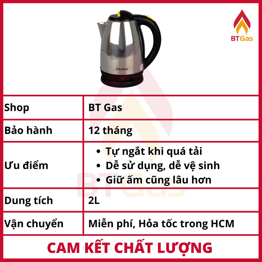 Bình đun siêu tốc, ấm siêu tốc bền đẹp, nấu nước an toàn, thân ấm inox dung tích 2 lít Osako OSA-206