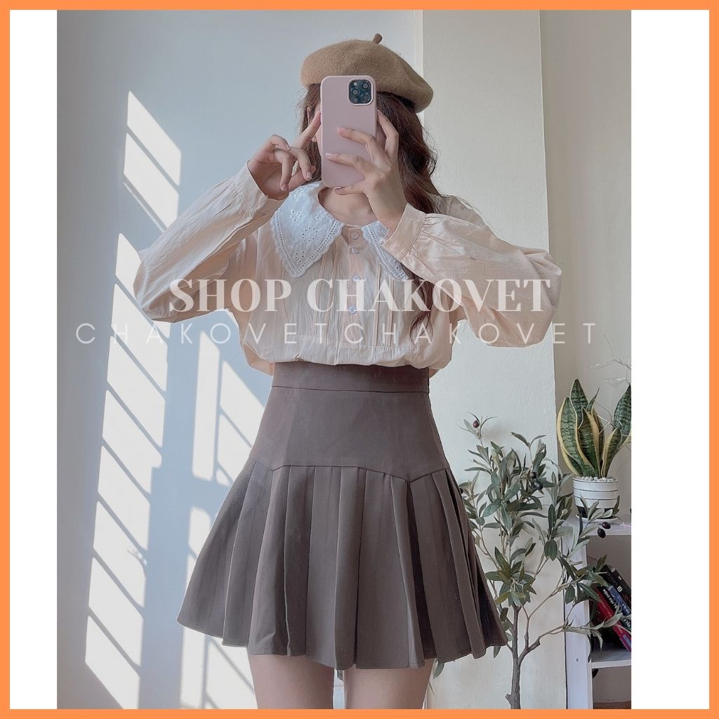 Áo babydoll nữ tay dài CKA897, kiểu sơ mi nữ form rộng thiết kế hàng cúc ngực xếp ly cổ bèo phối vân hoa style hàn quốc
