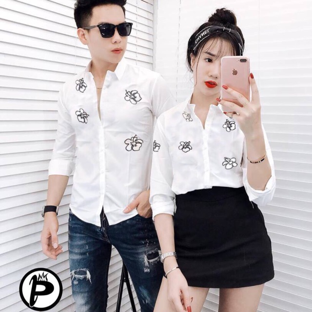 Áo sơ mi cặp thời trang họa tiết hoa rơi