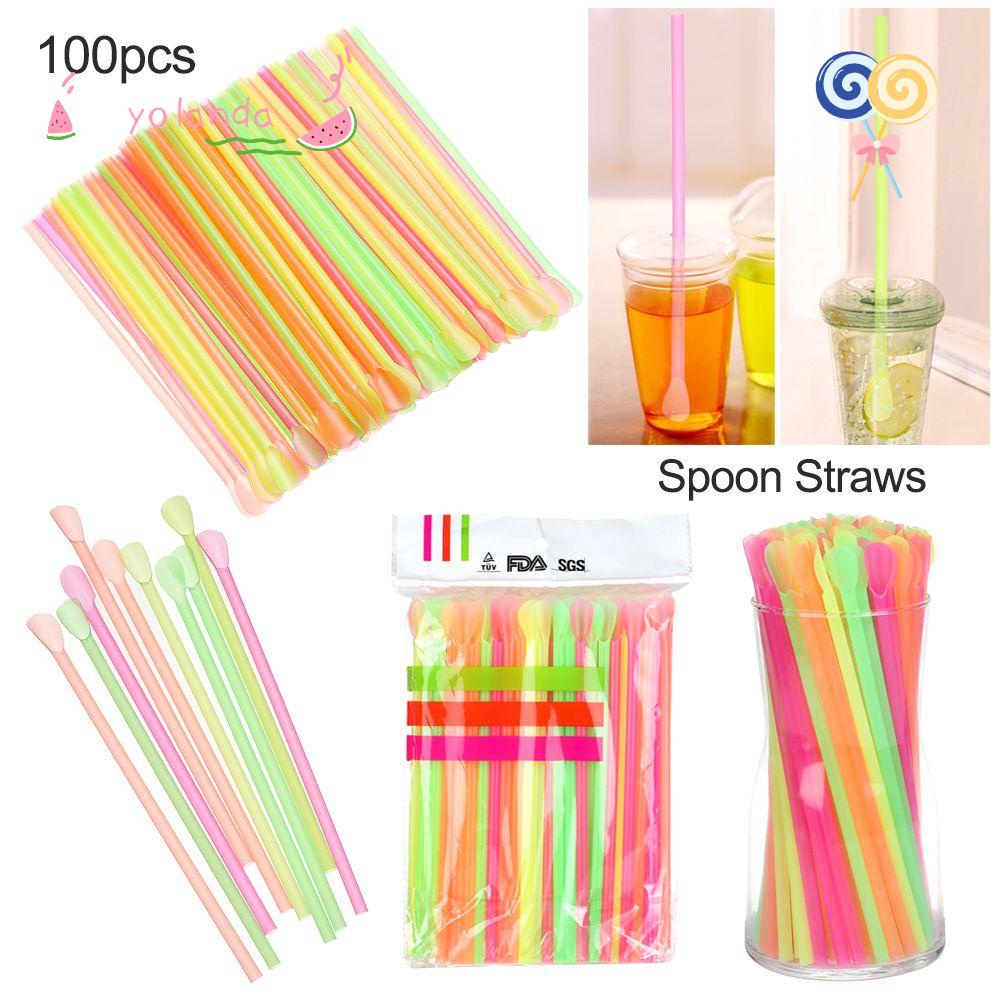 Set 100 Ống Hút Thẳng / Mềm Dùng Một Lần Kèm Muỗng