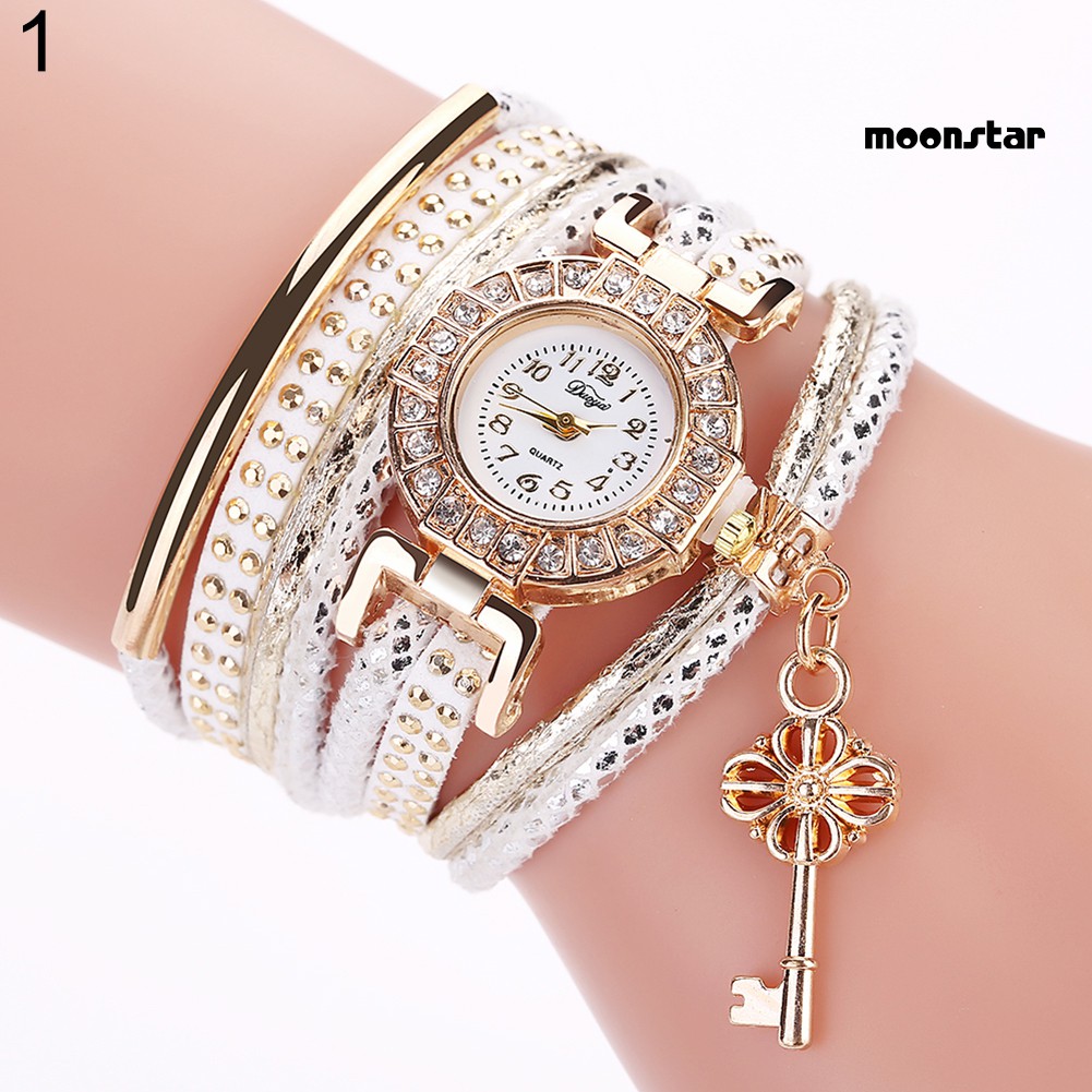 MS  Key Pendant Multi-Layer Rivets Band Arabic Numerals Quartz Bracelet Wrist Watch