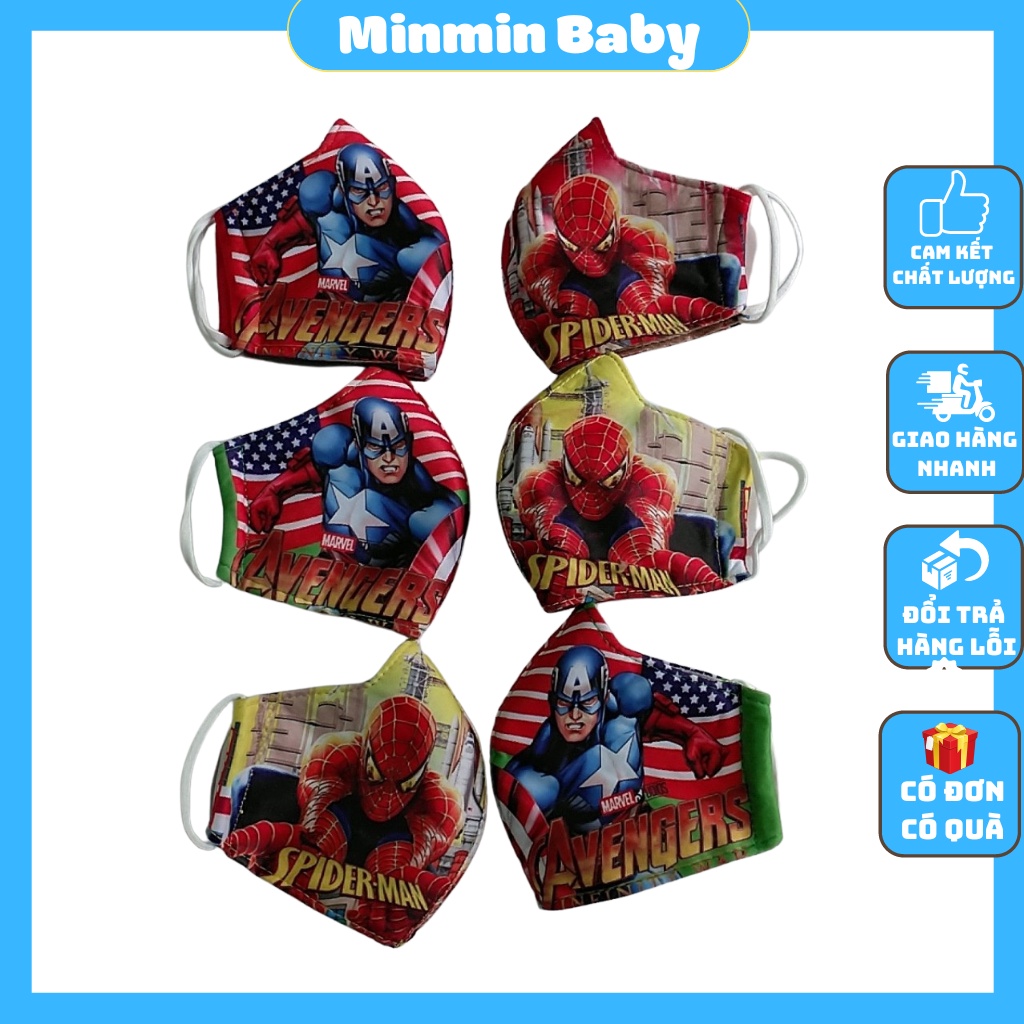 Khẩu trang cho bé sét 5 chiếc Minmin baby , Khẩu trang vải cho bé trai bé gái hình siêu nhân KTV01 bé 1-6T