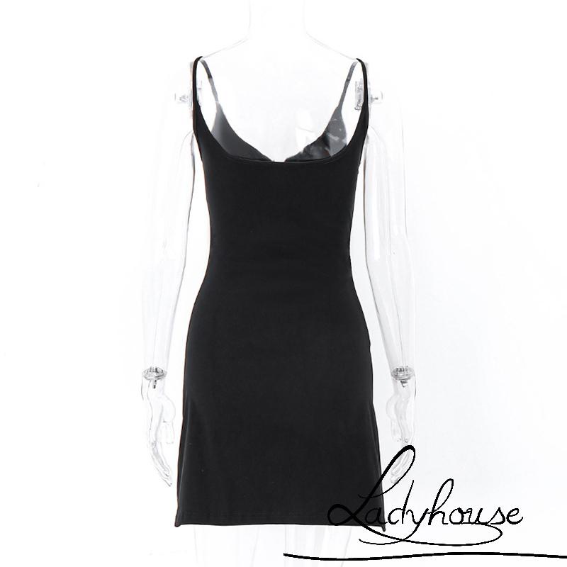 Đầm Ngắn Hai Dây Màu Đen Cổ Chữ V Khoét Sâu Gợi Cảm Cho Nữ