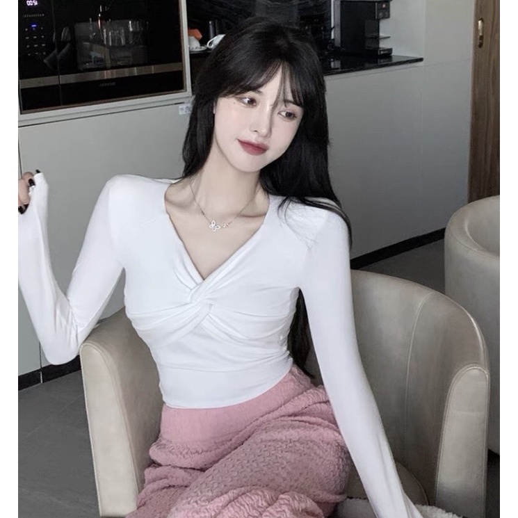 Áo kiểu croptop tay dài phối kiểu xoắn Hàn Quốc