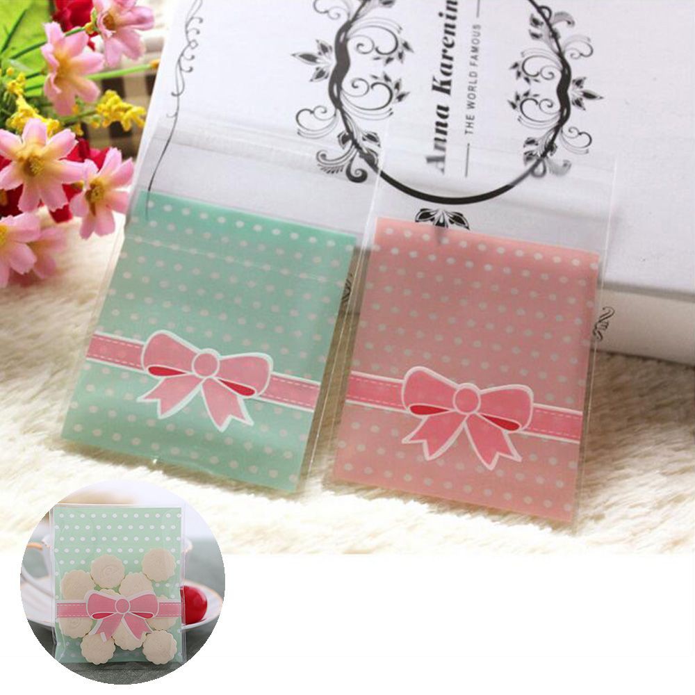 Set 100 túi nhựa đựng quà tặng màu hồng và xanh lá tùy chọn