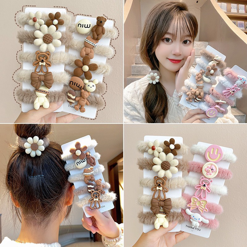 Set 5 Chun Buộc Tóc Dành Cho Nữ Lông Nhung, Đính Charm Kèm Túi Đựng