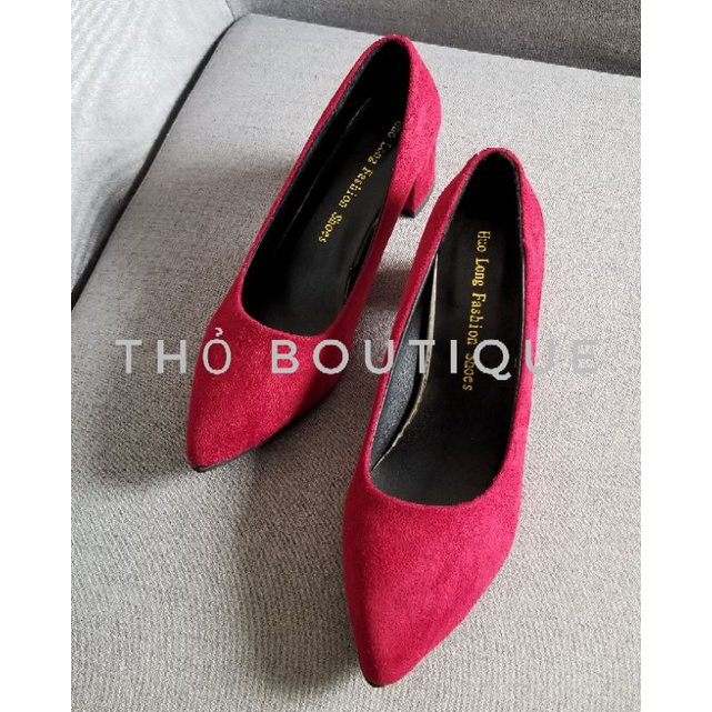 Giày cao gót da lộn đỏ đô gót vuông 5cm size 38