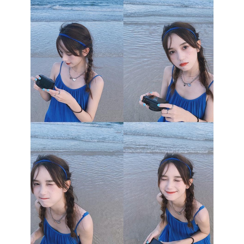 Đầm Hai Dây Màu Xanh Dương Phong Cách Pháp Thời Trang Đi Biển Mùa Hè