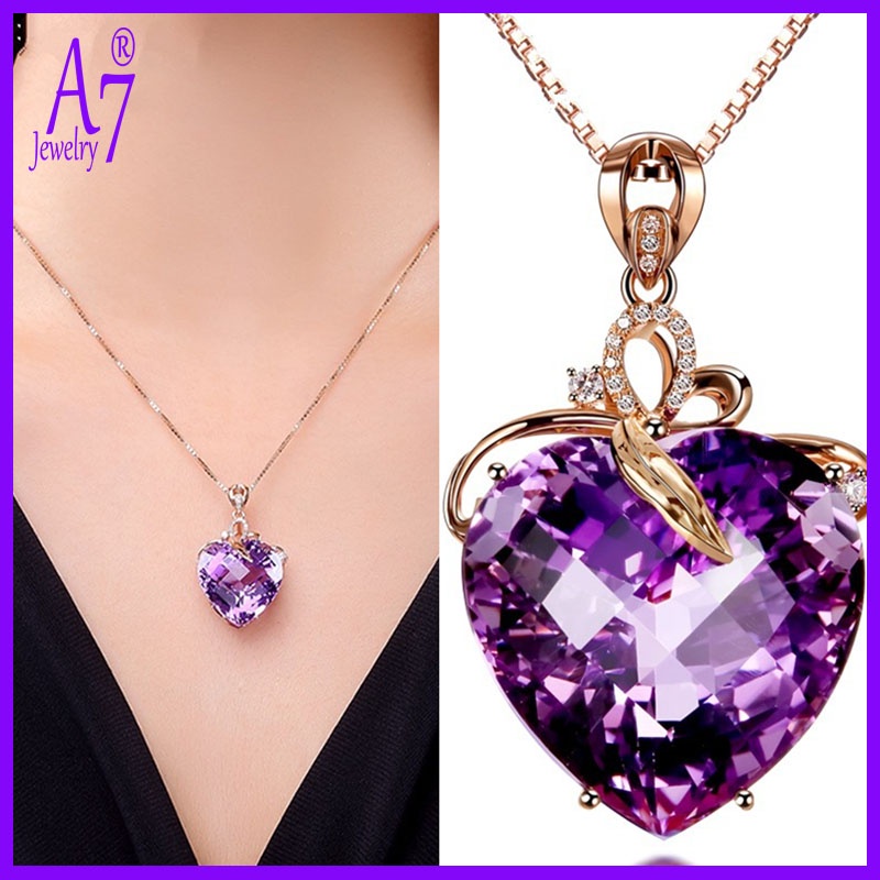 Vòng cổ mạ bạc 925 mặt trái tim đính đá thạch anh màu tím 18K phong cách sang trọng