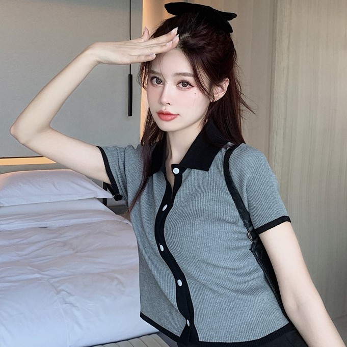 Áo len dệt kim polo phối màu thời trang áo thun ngắn tay mỏng hàng đầu nữ