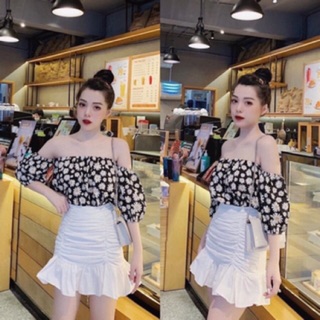 S207 Set Đồ 3 Món Áo Trễ Vai Hoa Cúc, Chân Váy Rúm, Choker siêu hót