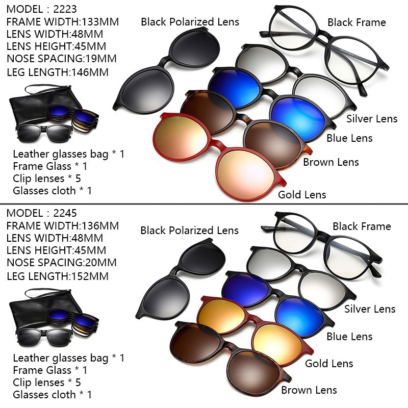 [ Hàng Hot ] Bộ kính râm gọng tròn kèm 5 tròng phân cực nhiều màu sắc đa dạng