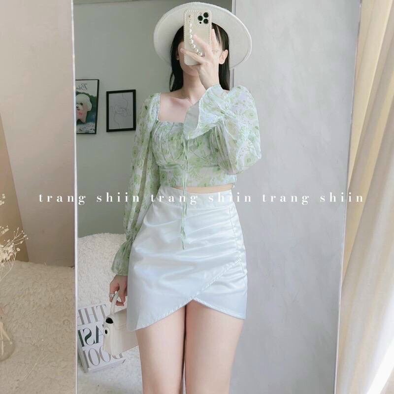 SET ÁO HOA DÂY XANH CHÂN VÁY TRẮNG VẠT