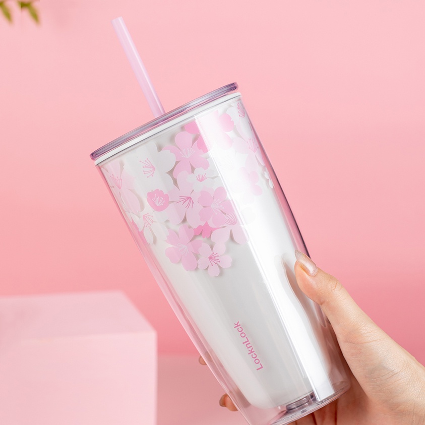 Ly Nhựa 2 lớp Lock&amp;Lock Cherry Blossom Kèm Ống Hút HAP509WHT / HAP509PIK 750ml