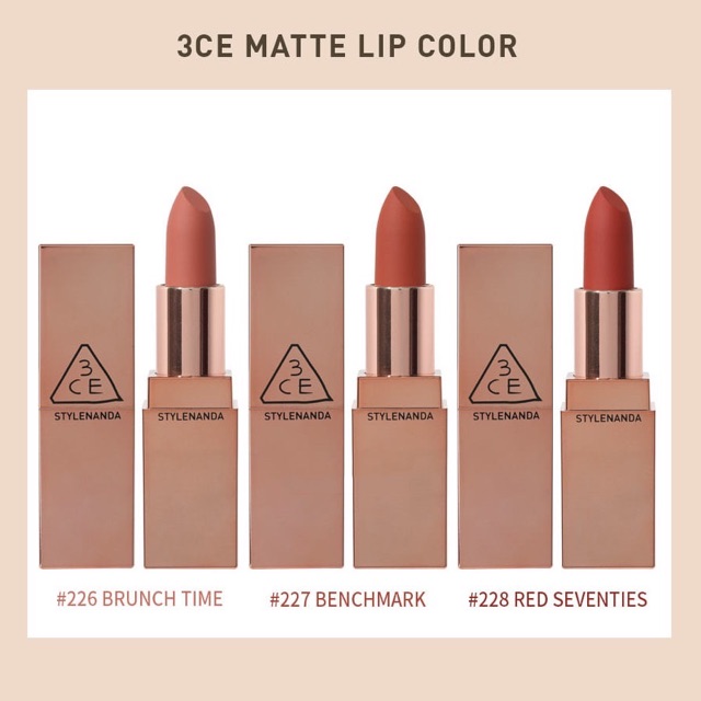 Son Thỏi 3CE Matte Lip Color Vỏ Vàng Siêu Lì (Màu 221-231)