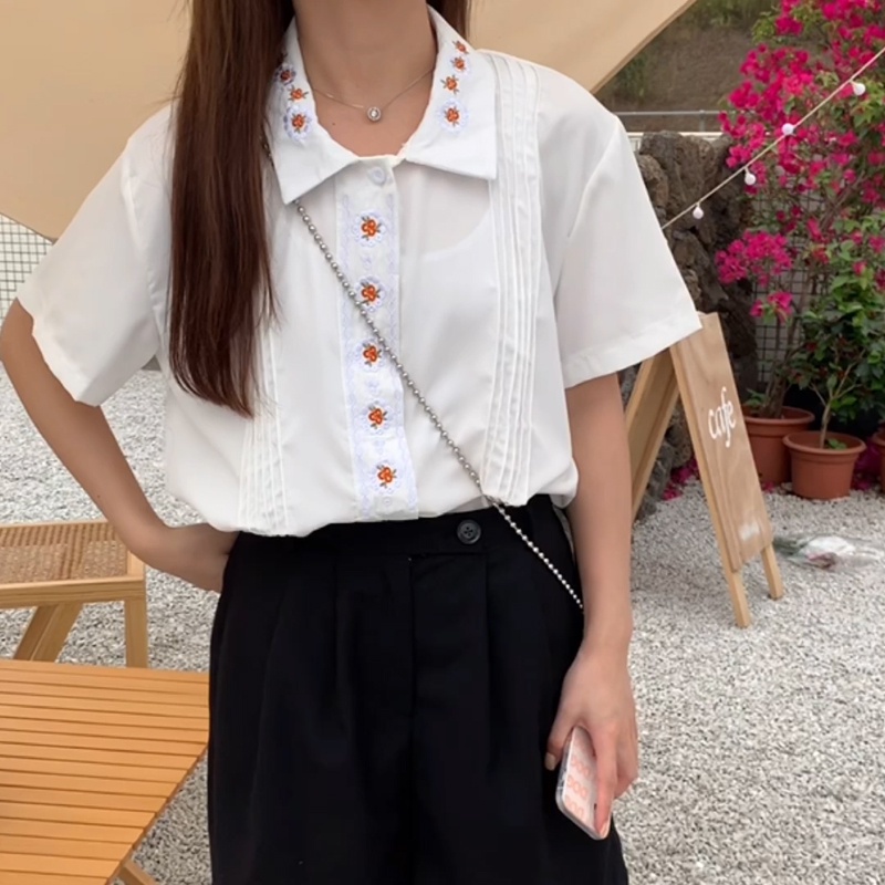 Áo Sơ Mi Ngắn Tay Thêu Hoa Thời Trang Hàn Quốc Cho Nữ