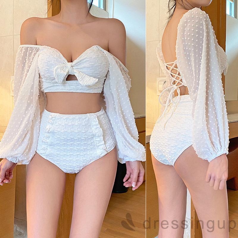 Bộ Đồ 2 Món Gồm Áo Trễ Vai Màu Trắng + Quần Lưng Cao Nhún Bèo Thời Trang Cho Nữ