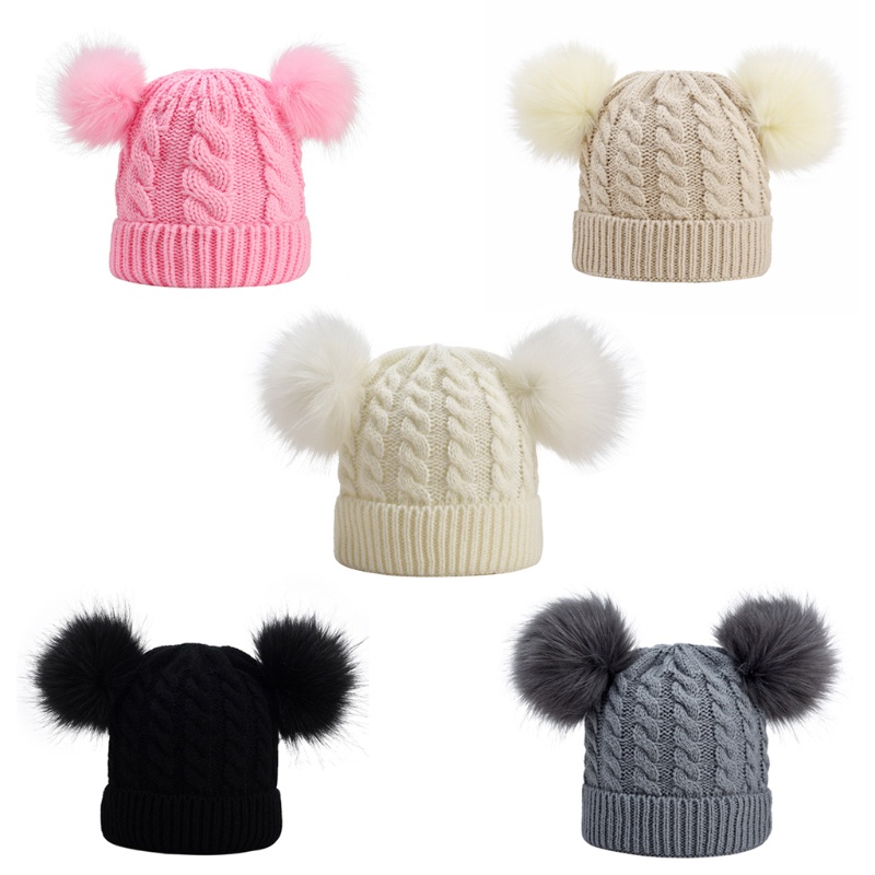 Mũ Beanie Dệt Kim Dày Hai Lớp Màu Sắc Trơn Giữ Ấm Mùa Đông Cho Bé Trai Và Bé Gái